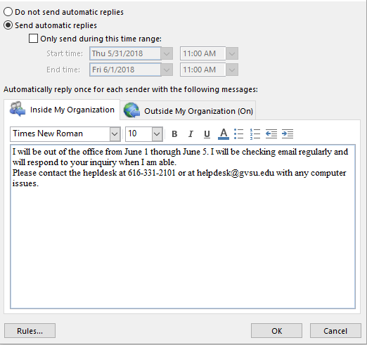 Setting up Automatic Replies - Information Technology - Grand Valley State  University